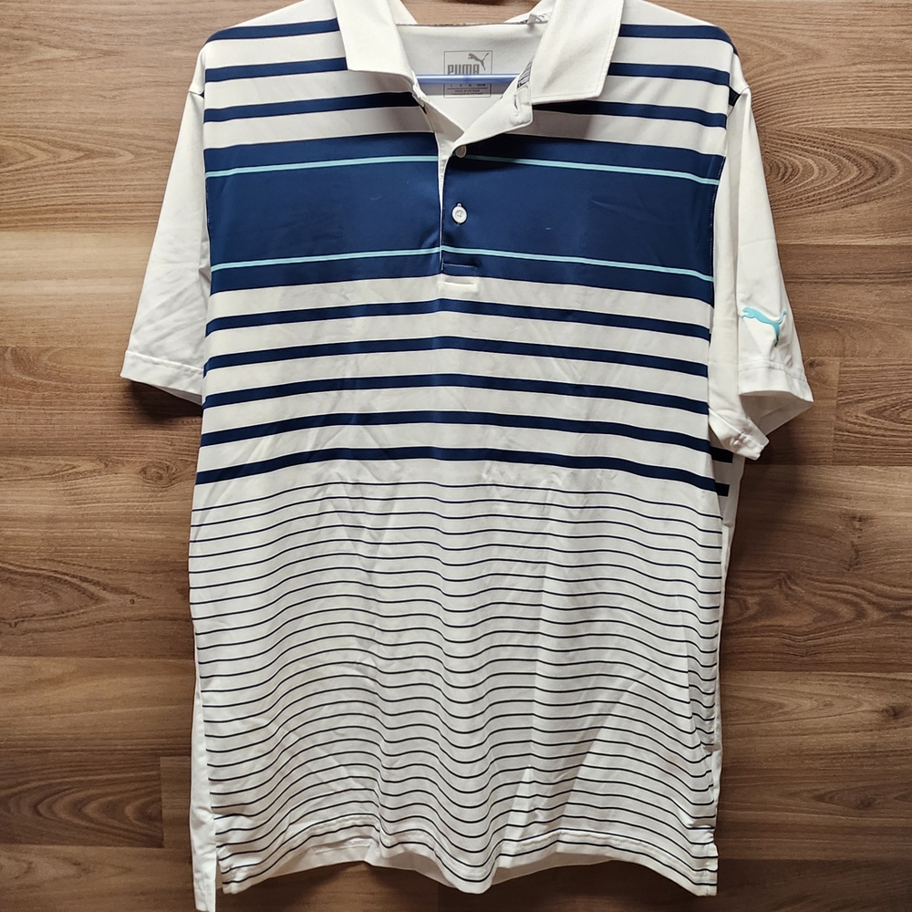 Puma Men's Blue and White Striped Polo Shirt